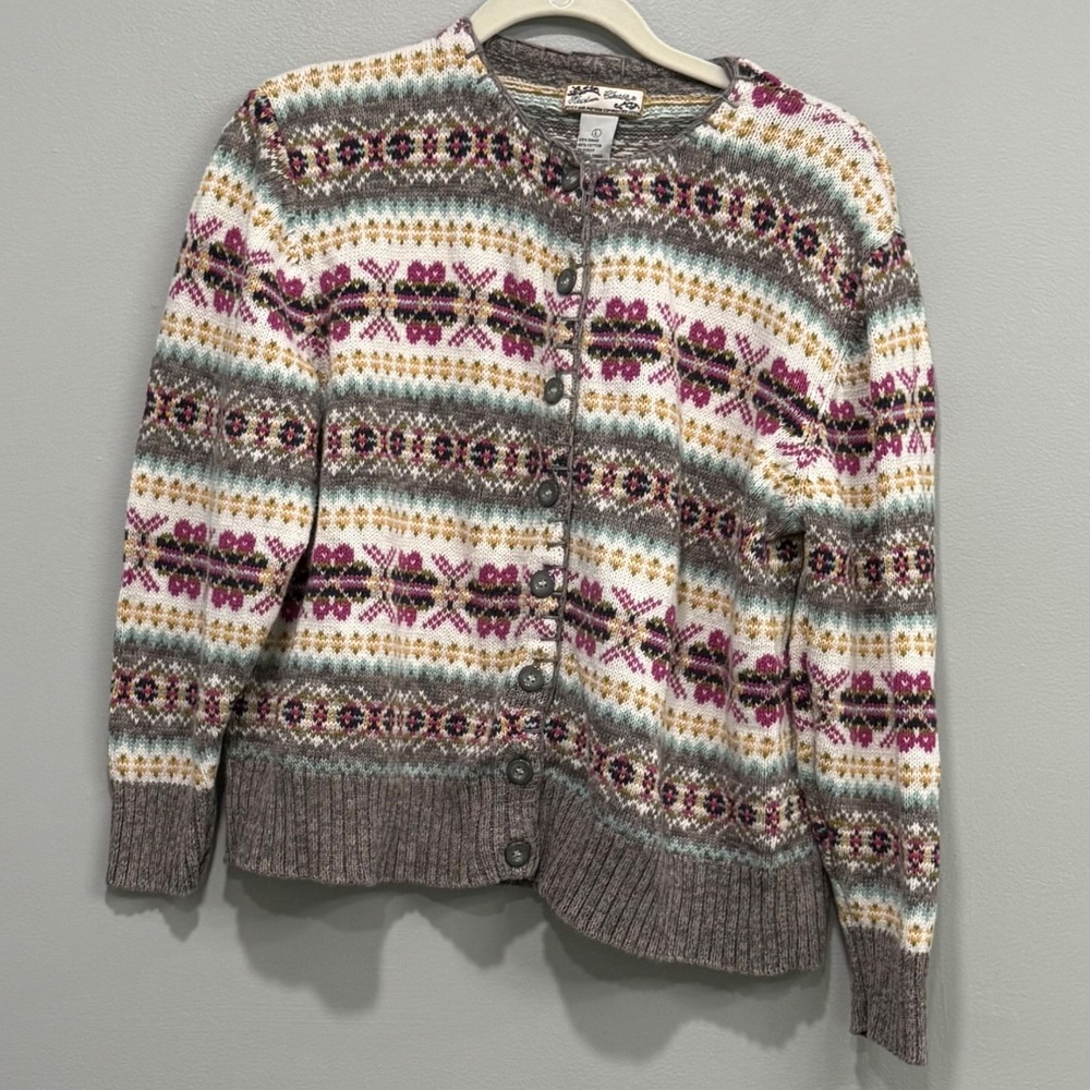 Vtg Heirloom Large Fair Isle nordic Cardigan Sweater Cotton layering folk